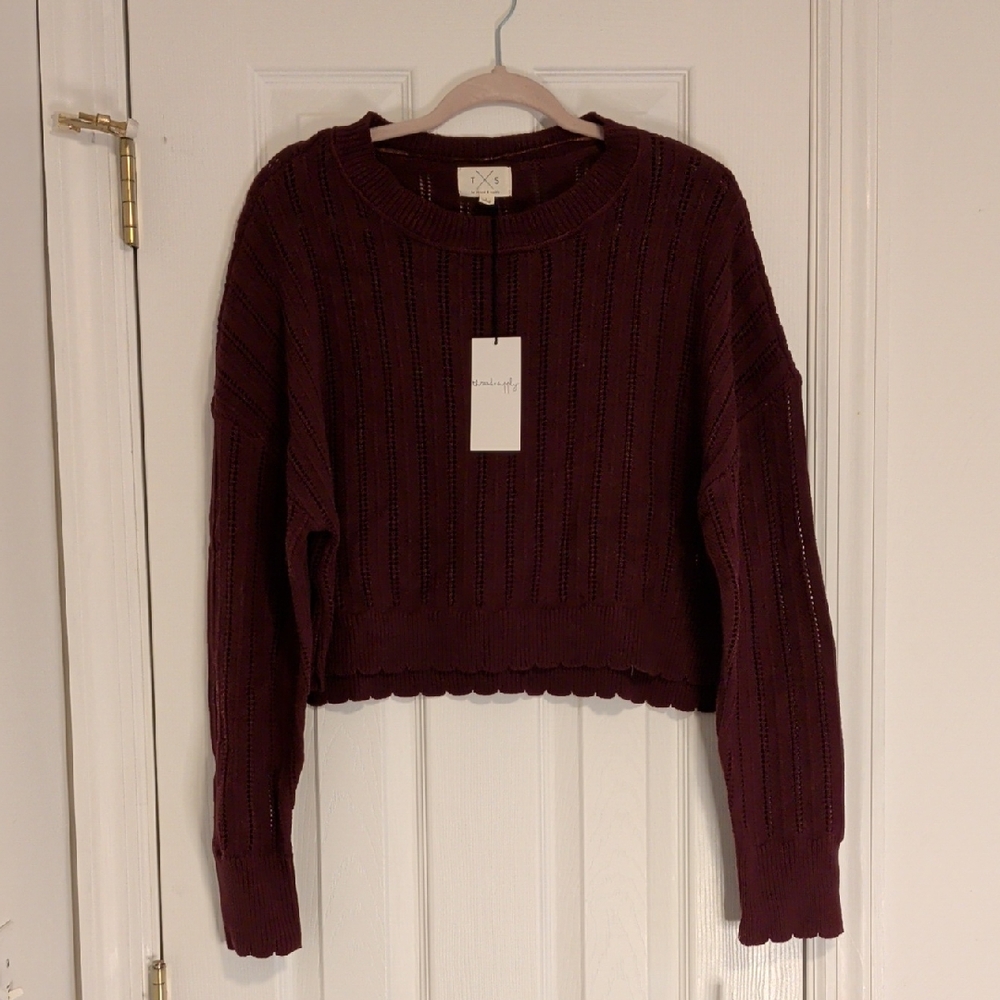 Thread & Supply TXS Cropped Knit Sweater Women Large Burgundy Scallop Hem NWT